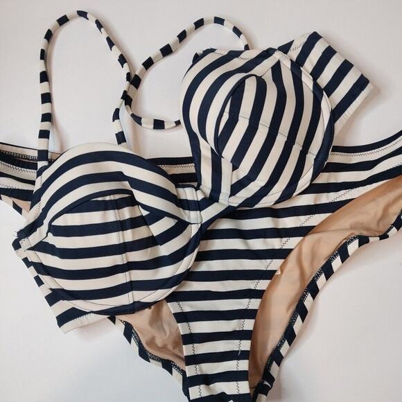 J. Crew Bikini Swimsuit Blue & White Striped Tie Style NWT Women's L 36C - Picture 1 of 8